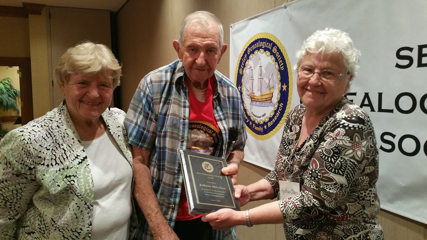 For her decades of service to the Seeley Genealogical Society, former SGS President Katherine Mills Olsen, has been awarded the 2017 SGS Outstanding Volunteer Award.
