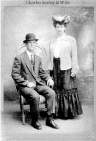 Charles Seeley & Wife in posed photograph. Charles is sitting in chair and his wife is standing next to him. Both dressed their best.